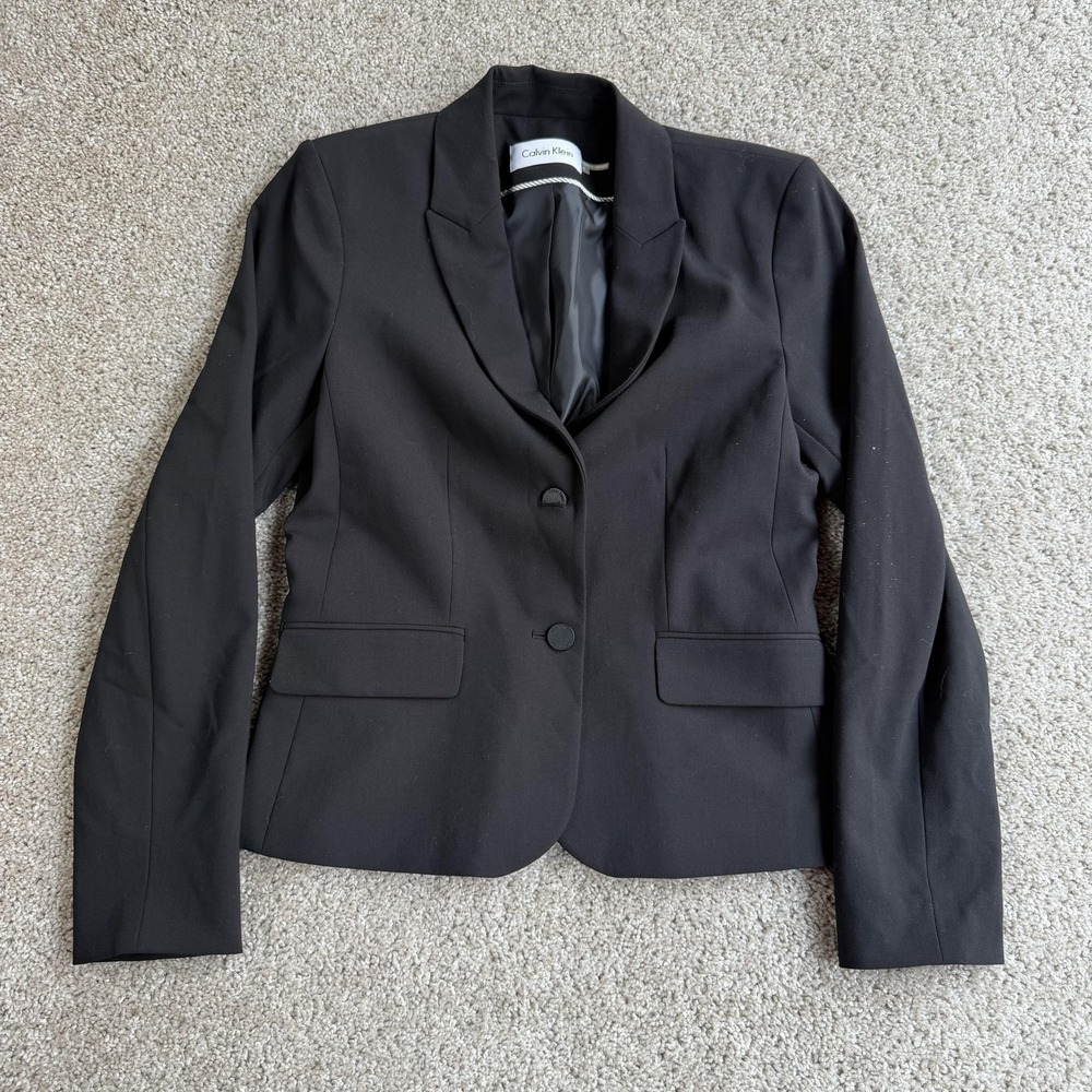 Calvin Klein Blazer Jacket Womens 4 Black Two Button Lined Stretch Office Career